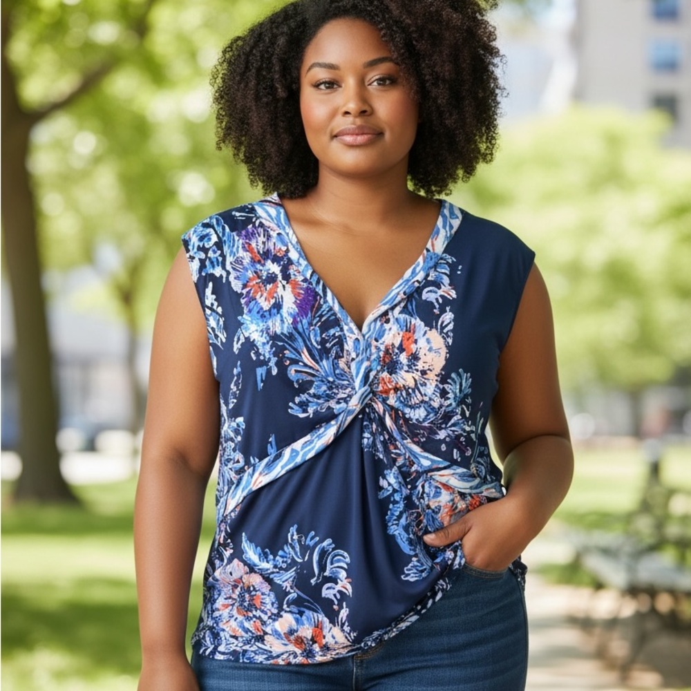 Tahari Navy and Blue Floral V Neck Sleeveless Top